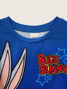 LOONEY TUNES X SHEIN 男婴字母卡通印花短袖T恤搭配条纹短裤休闲套装 - 藍色 - 查看 3
