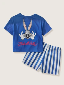 LOONEY TUNES X SHEIN 男婴字母卡通印花短袖T恤搭配条纹短裤休闲套装 - 藍色 - 查看 2