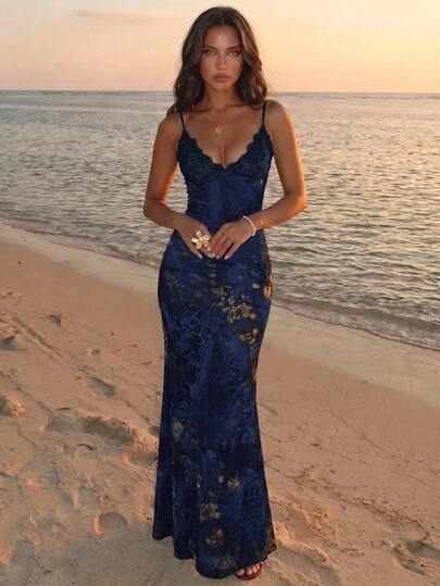 Aloruh Green Printed Lace Patchwork Backless Sexy Beaded Criss-Cross Vacation Beach Dress