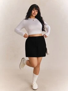 CovetEZ 大码女式纯色松紧腰休闲短裙 - 黑色 - 查看 4