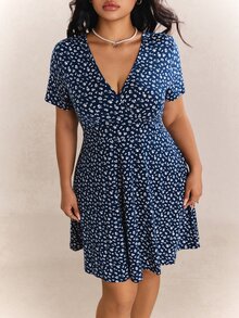 CovetEZ 女士大码休闲节日花卉印花 A 字形连衣裙，夏季 - 藏蓝色 - 查看 6