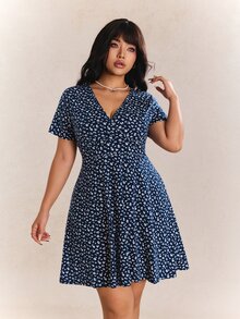 CovetEZ 女士大码休闲节日花卉印花 A 字形连衣裙，夏季 - 藏蓝色 - 查看 4