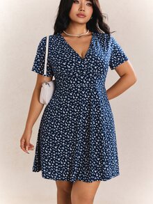 CovetEZ 女士大码休闲节日花卉印花 A 字形连衣裙，夏季 - 藏蓝色 - 查看 8