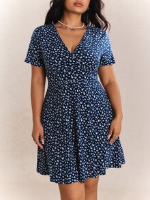 CovetEZ 女士大码休闲节日花卉印花 A 字形连衣裙，夏季 - 藏蓝色 - 查看 5