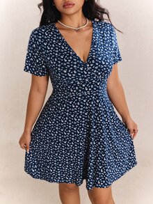 CovetEZ 女士大码休闲节日花卉印花 A 字形连衣裙，夏季 - 藏蓝色 - 查看 7