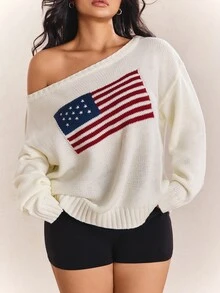 CovetEZ New Season American Independence Day Flag One Shoulder Cold Shoulder Casual Minimalist White Plus Size Sweater Formal Wedding Autumn Fall - White - View 1