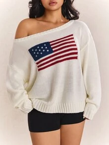 CovetEZ New Season American Independence Day Flag One Shoulder Cold Shoulder Casual Minimalist White Plus Size Sweater Formal Wedding Autumn Fall - White - View 3