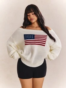 CovetEZ New Season American Independence Day Flag One Shoulder Cold Shoulder Casual Minimalist White Plus Size Sweater Formal Wedding Autumn Fall - White - View 4