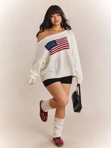 CovetEZ New Season American Independence Day Flag One Shoulder Cold Shoulder Casual Minimalist White Plus Size Sweater Formal Wedding Autumn Fall - White - View 7