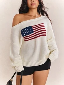 CovetEZ New Season American Independence Day Flag One Shoulder Cold Shoulder Casual Minimalist White Plus Size Sweater Formal Wedding Autumn Fall - White - View 5