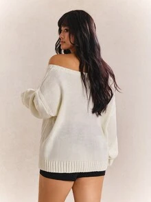 CovetEZ New Season American Independence Day Flag One Shoulder Cold Shoulder Casual Minimalist White Plus Size Sweater Formal Wedding Autumn Fall - White - View 2
