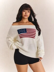 CovetEZ New Season American Independence Day Flag One Shoulder Cold Shoulder Casual Minimalist White Plus Size Sweater Formal Wedding Autumn Fall - White - View 6