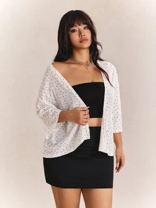 CovetEZ Spring/Summer Polka Dot Colorblock Lightweight Casual Vacation Plus Size Women's Short Jacket - White - View 5