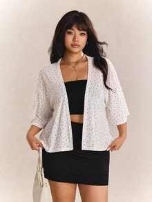 CovetEZ Spring/Summer Polka Dot Colorblock Lightweight Casual Vacation Plus Size Women's Short Jacket - White - View 4