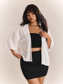 CovetEZ Spring/Summer Polka Dot Colorblock Lightweight Casual Vacation Plus Size Women's Short Jacket - White - View 3