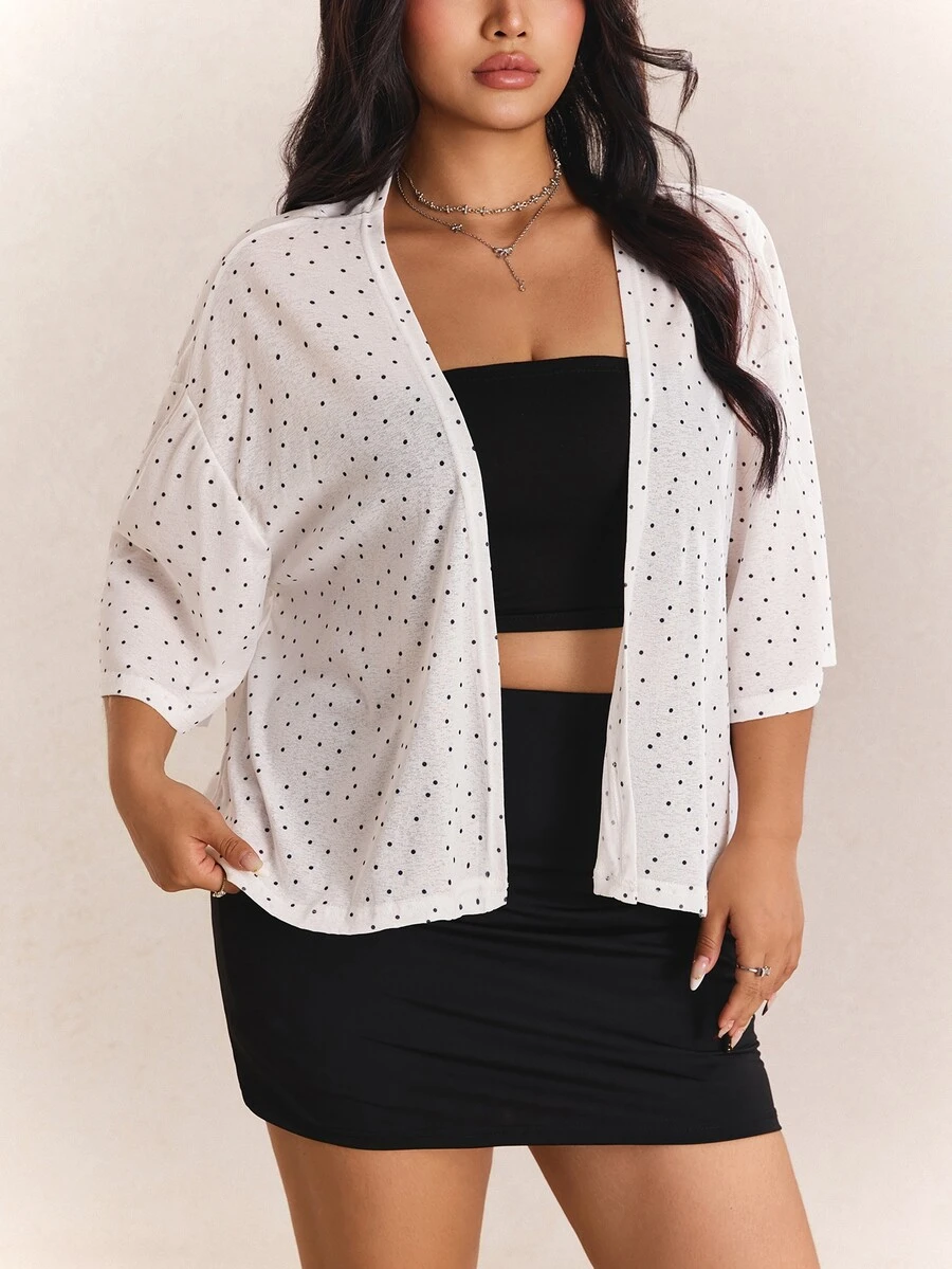 CovetEZ Spring/Summer Polka Dot Colorblock Lightweight Casual Vacation Plus Size Women's Short Jacket - White - View 1