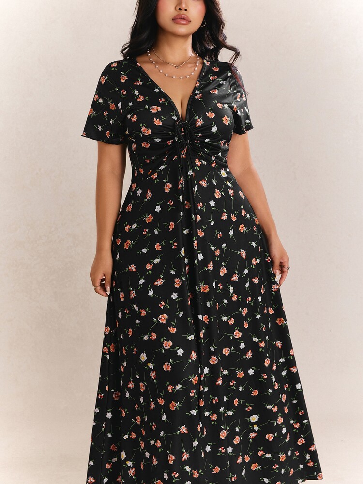 CovetEZ Plus Size Summer Elegant Boho Ditsy Floral Dress Wedding Vacation Vacation Vacation Vacation Guest Dark Green Floral - Multicolor - View 5