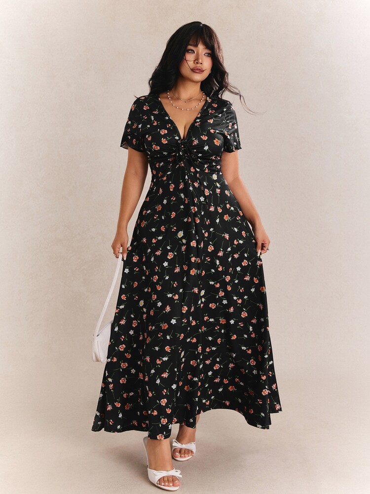 CovetEZ Plus Size Summer Elegant Boho Ditsy Floral Dress Wedding Vacation Vacation Vacation Vacation Guest Dark Green Floral - Multicolor - View 8