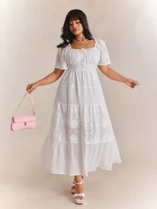 CovetEZ New Arrival Spring/Summer Bohemian Dressy Tropical Casual Fairycore Cottage Core Boho Lace Patchwork Textured Plus Size Dress Allover White Tea Party - White - View 6