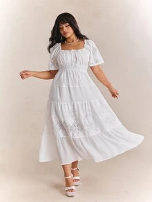 CovetEZ New Arrival Spring/Summer Bohemian Dressy Tropical Casual Fairycore Cottage Core Boho Lace Patchwork Textured Plus Size Dress Allover White Tea Party - White - View 4
