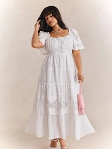 CovetEZ New Arrival Spring/Summer Bohemian Dressy Tropical Casual Fairycore Cottage Core Boho Lace Patchwork Textured Plus Size Dress Allover White Tea Party - White - View 7