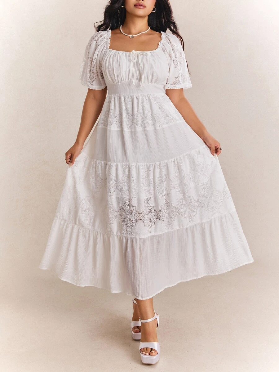 CovetEZ New Arrival Spring/Summer Bohemian Dressy Tropical Casual Fairycore Cottage Core Boho Lace Patchwork Textured Plus Size Dress Allover White Tea Party