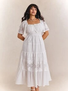 CovetEZ New Arrival Spring/Summer Bohemian Dressy Tropical Casual Fairycore Cottage Core Boho Lace Patchwork Textured Plus Size Dress Allover White Tea Party - White - View 5