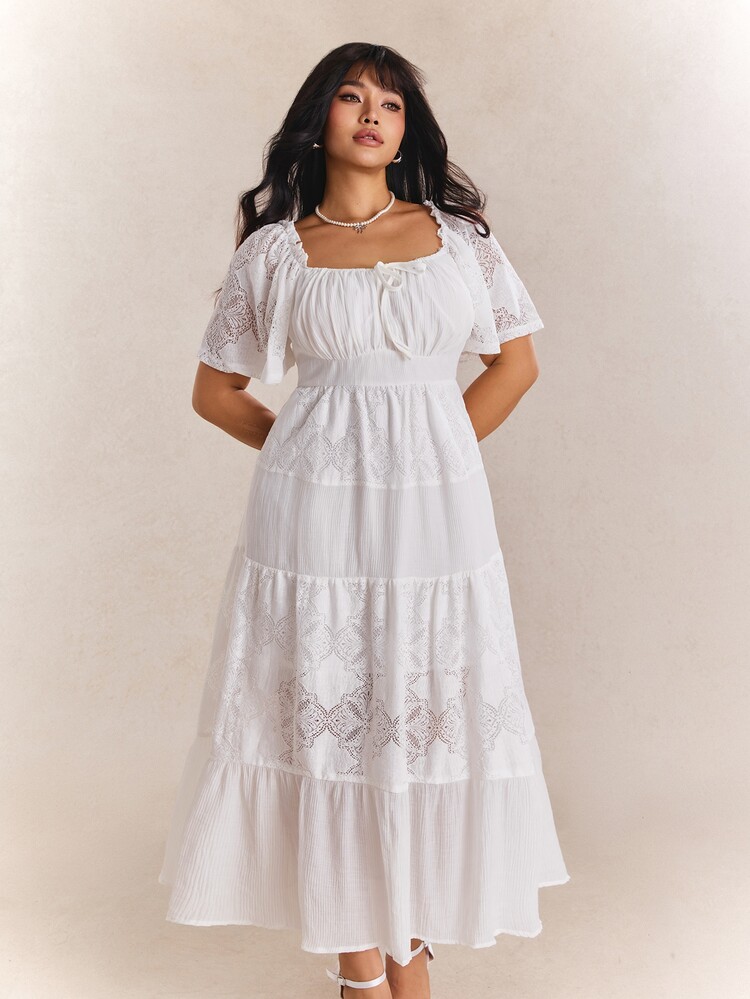 CovetEZ New Arrival Spring/Summer Bohemian Dressy Tropical Casual Fairycore Cottage Core Boho Lace Patchwork Textured Plus Size Dress Allover White Tea Party - White - View 4