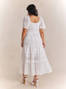 CovetEZ New Arrival Spring/Summer Bohemian Dressy Tropical Casual Fairycore Cottage Core Boho Lace Patchwork Textured Plus Size Dress Allover White Tea Party - White - View 3
