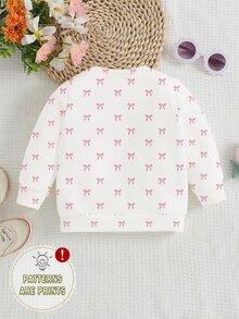 SHEIN 女童時尚清新亮面豹紋蝴蝶結白色底粉色蝴蝶結圖案印花基本款圓領運動衫，秋季休閒日常穿搭 - 彩色 - 查看 2