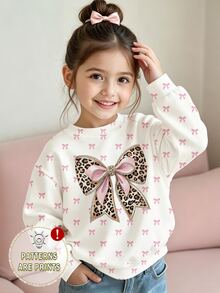 SHEIN 女童時尚清新亮面豹紋蝴蝶結白色底粉色蝴蝶結圖案印花基本款圓領運動衫，秋季休閒日常穿搭 - 彩色 - 查看 3
