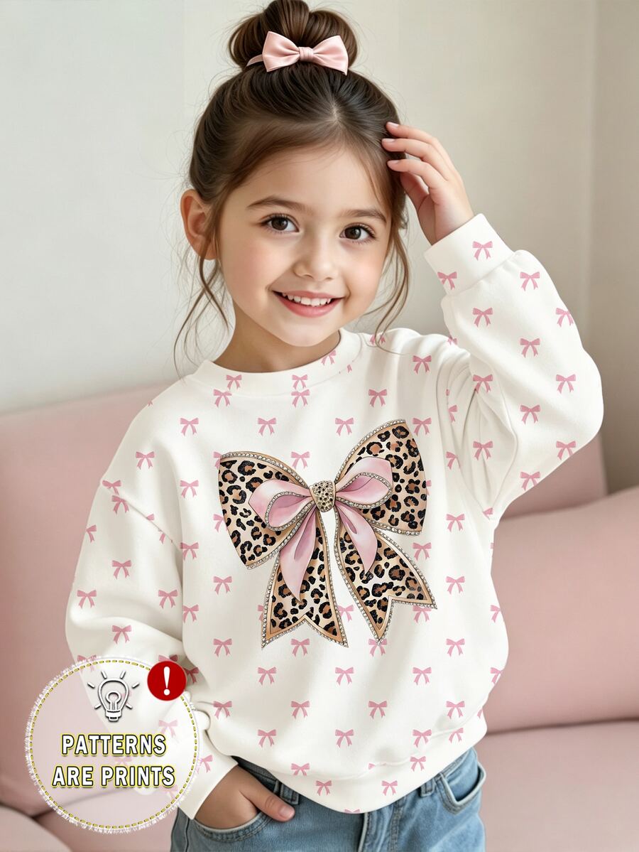 SHEIN Young Girls Cute White Sweatshirt Leopard Bowknot Pattern Print Pullover Top Young Girl Allover Small Pink Bows Graphic Shirt Fall Clothes - Multicolor - View 1