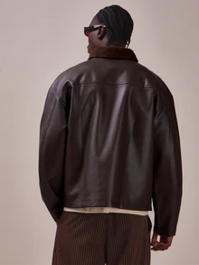 Musero Oversized Drop Shoulder P.U Biker Jacket With Contrast Borg Collar Zipper Fastening Spring Summer Essentials - Brown - View 4
