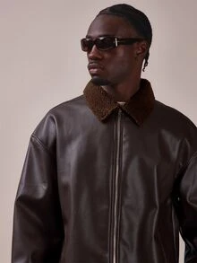 Musero Oversized Drop Shoulder P.U Biker Jacket With Contrast Borg Collar Zipper Fastening Spring Summer Essentials - Brown - View 5
