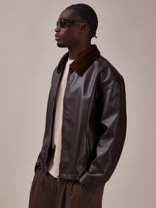 Musero Oversized Drop Shoulder P.U Biker Jacket With Contrast Borg Collar Zipper Fastening Spring Summer Essentials - Brown - View 3