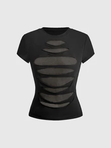 ROMWE Grunge Punk Kaos Wanita Seksi dengan Motif Jala Transparan dan Patchwork - Hitam - View 1