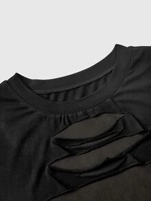 ROMWE Grunge Punk Kaos Wanita Seksi dengan Motif Jala Transparan dan Patchwork - Hitam - View 3