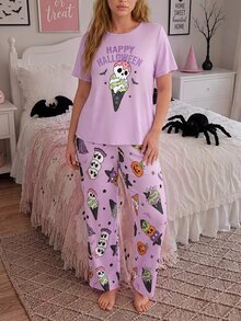Slumberry CURVE طقم بيجاما مطبوع عليه آيس كريم هالوين مقاس كبير - متعدد الألوان - مشاهدة 4