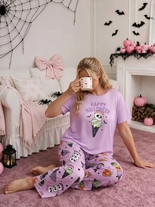 Slumberry CURVE طقم بيجاما مطبوع عليه آيس كريم هالوين مقاس كبير - متعدد الألوان - مشاهدة 6