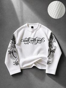 ROMWE MEN Men's Letter & Dragon Print Long Sleeve Crew Neck T-Shirt - White - View 1