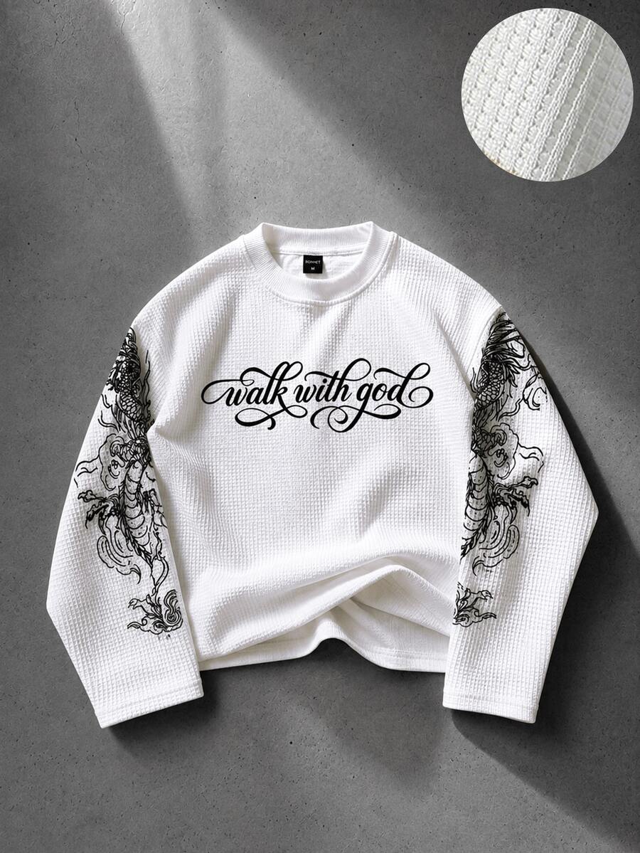 ROMWE MEN Men's Letter & Dragon Print Long Sleeve Crew Neck T-Shirt - White - View 1