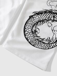 ROMWE MEN Men's Letter & Dragon Print Long Sleeve Crew Neck T-Shirt - White - View 5