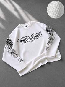 ROMWE MEN Men's Letter & Dragon Print Long Sleeve Crew Neck T-Shirt - White - View 7