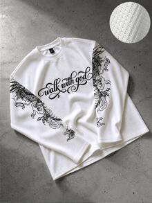 ROMWE MEN Men's Letter & Dragon Print Long Sleeve Crew Neck T-Shirt - White - View 2