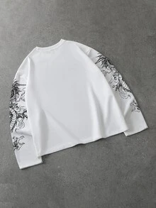 ROMWE MEN Men's Letter & Dragon Print Long Sleeve Crew Neck T-Shirt - White - View 4
