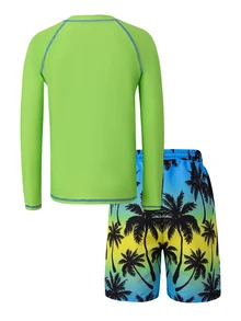 SHEIN Tween Boys 2-Piece Swimwear Set:Long Sleeve Rash Guard & Gradient Palm Tree Print Swim Trunks,Green Gingham,Summer,Funny,Vacation,Holiday Beach Wear - Green - View 2