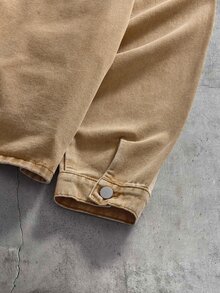 AXEPEAK Men's Brand Letter Print Long Sleeve Washed Single-Breasted Denim Jacket - Khaki - View 5