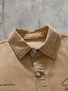 AXEPEAK Men's Brand Letter Print Long Sleeve Washed Single-Breasted Denim Jacket - Khaki - View 3