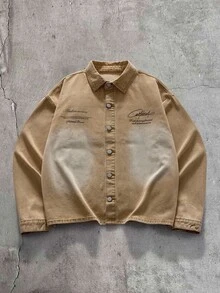 AXEPEAK Men's Brand Letter Print Long Sleeve Washed Single-Breasted Denim Jacket - Khaki - View 1