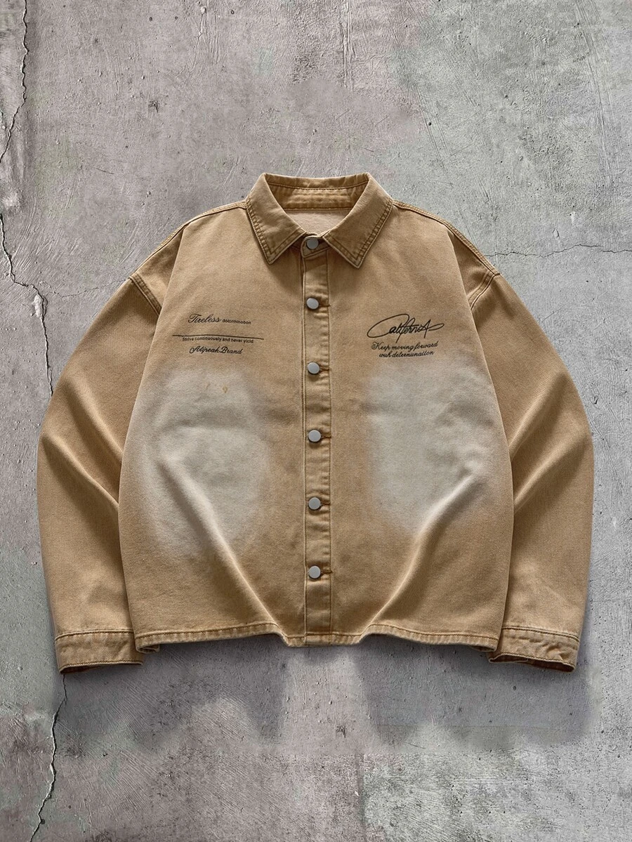AXEPEAK Men's Brand Letter Print Long Sleeve Washed Single-Breasted Denim Jacket - Khaki - View 1